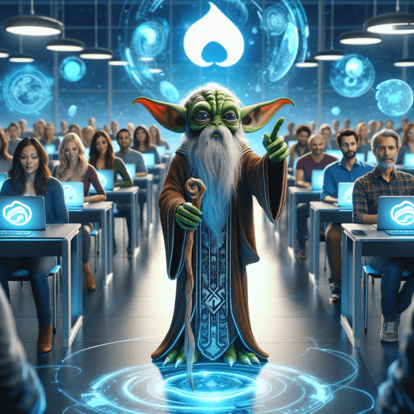 Futuristic Classroom with Diverse Coders Learning from a Wise Alien Mentor, AI-generated by OpenAI's DALL-E on December 5, 2023