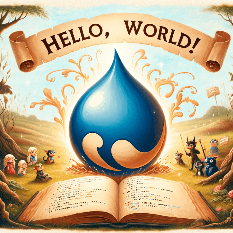 Image generated by OpenAI's DALL-E, a deep learning model specializing in image creation, 2023. Depicts a storybook-style illustration representing the programming concept 'Hello, World!' with the Drupal logo.