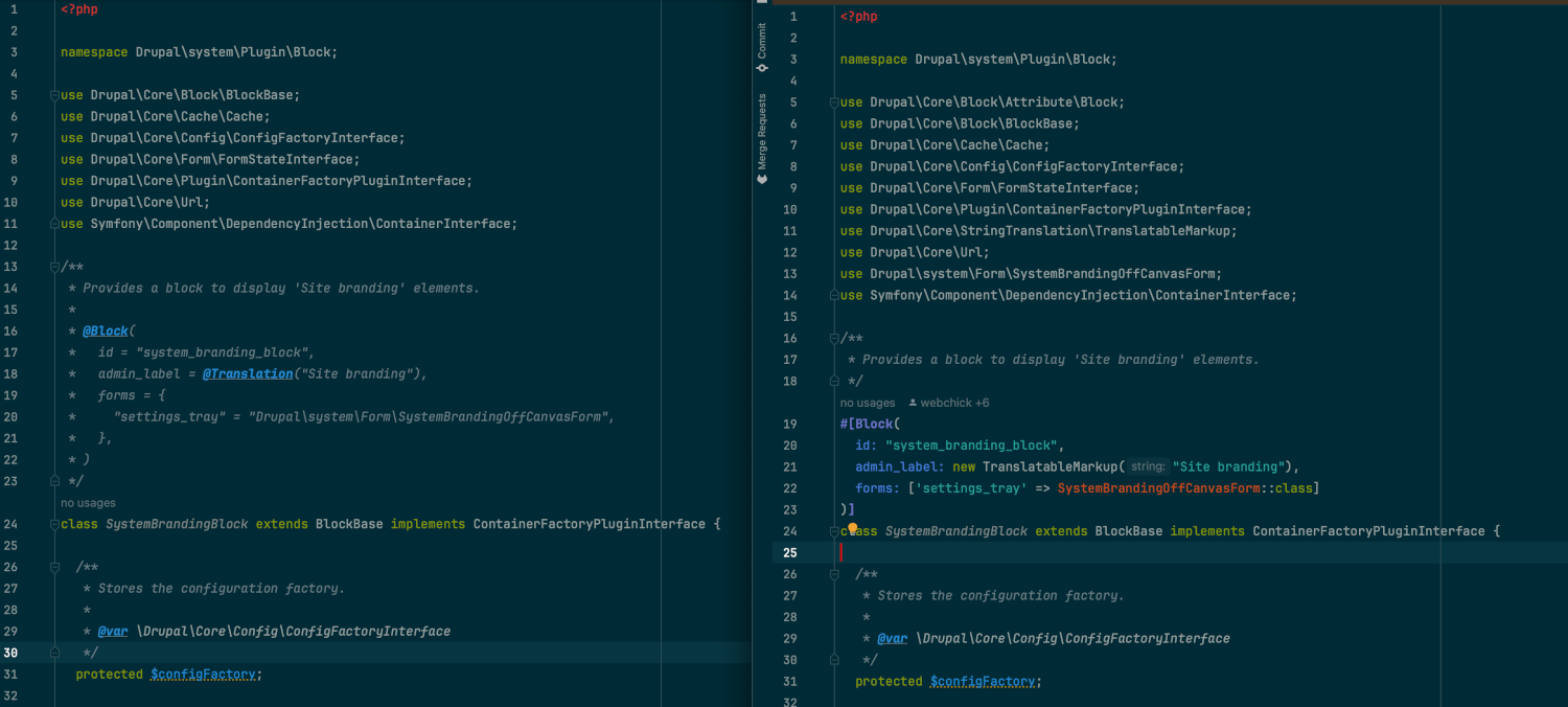 Screenshot of an IDE showing annotations and attributes side-by-side.