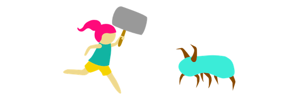 Illustration of girl with a large hammer raised above her head running toward a giant bug.