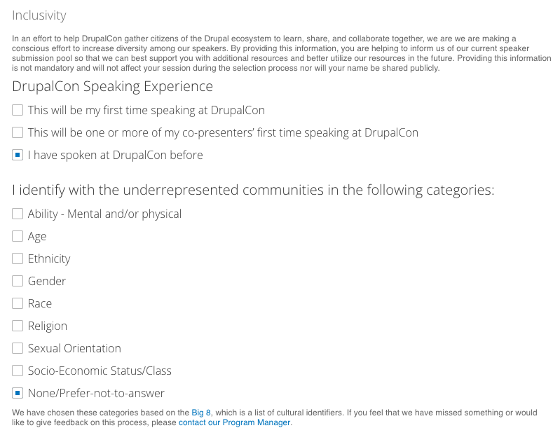 Form showing questions about diversity when submitting a session.