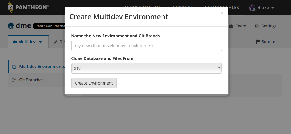 Pantheon create Multidev environment