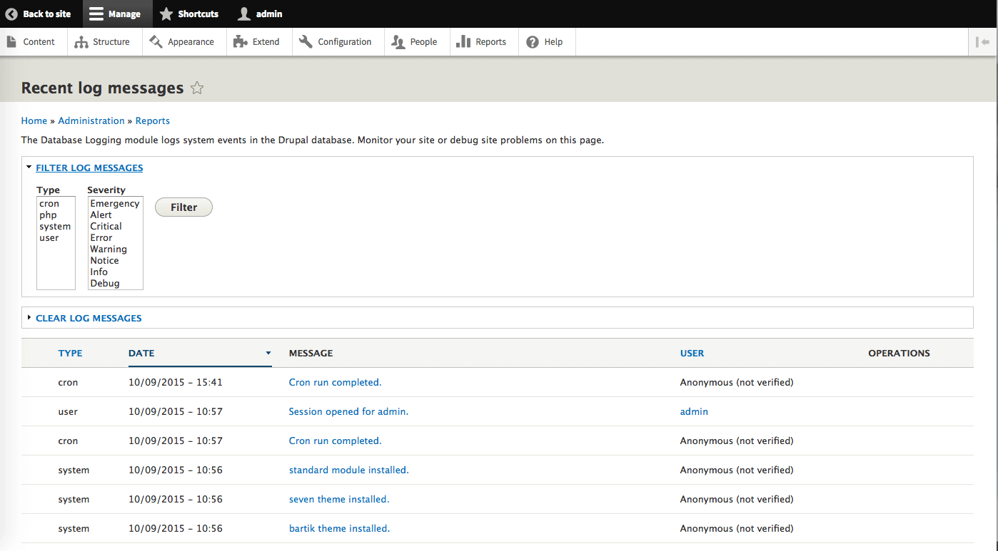 Recent log messages page