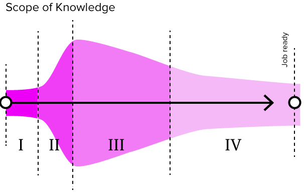 Illustration showing the scope of required knowledge across the 4 phases of learning Drupal. Small at phase 1, widens quickly at phase 2, slowly narrows again in phase 3 and through phase 4.