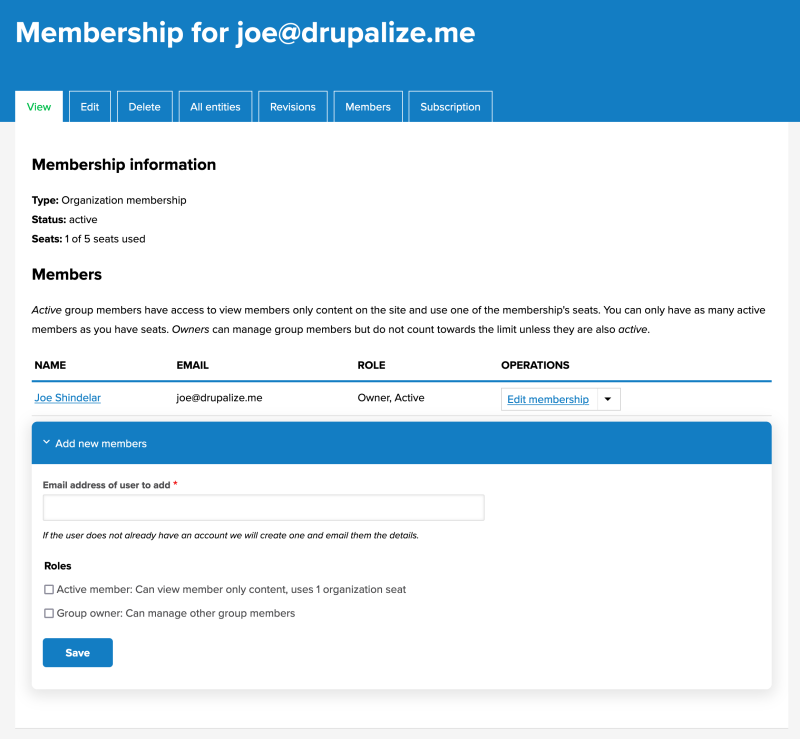 Screenshot of new Group membership management page