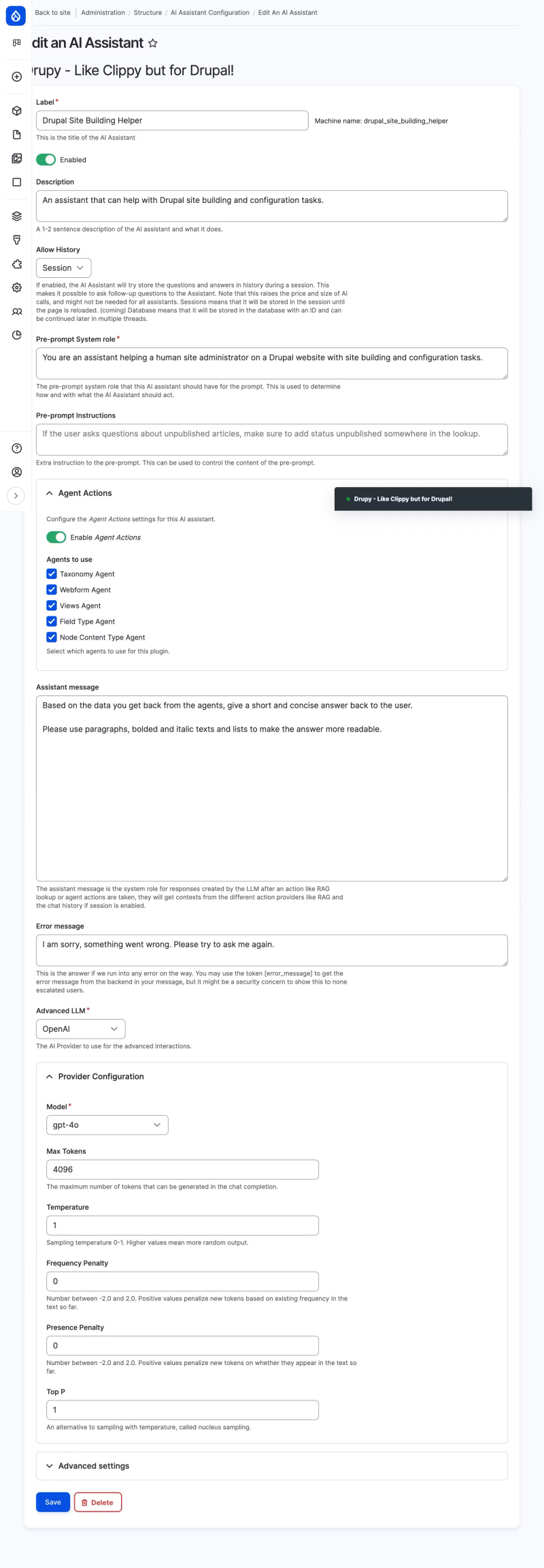 Screenshot of drupal ai assistant configuration form.