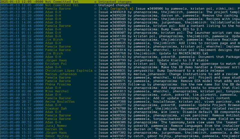 Commit log of the Drupal CMS project shows a rapid pace of development.