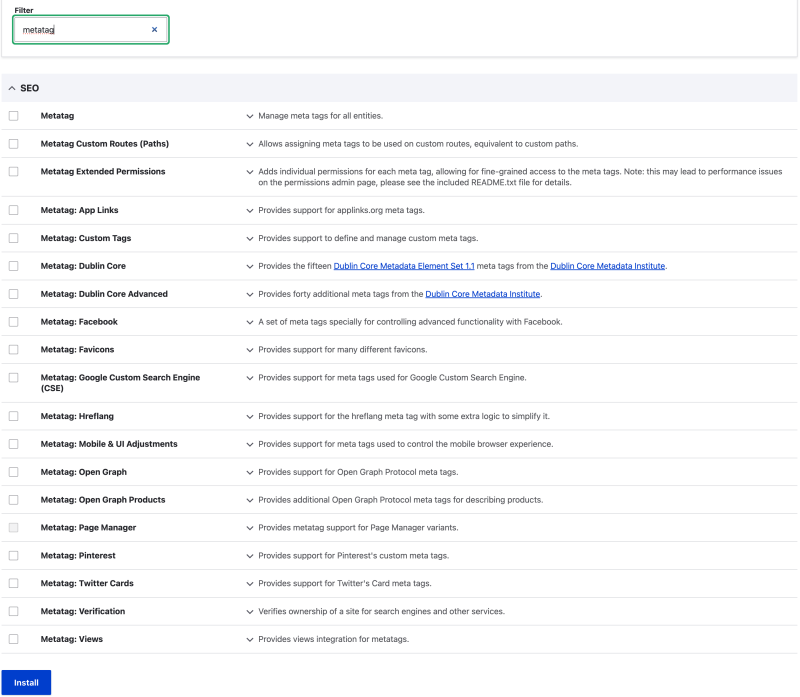 List of Metatag submodules on the Extend admin page