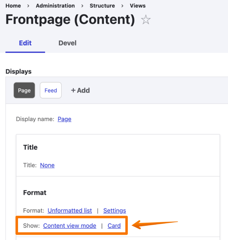 Views configuration showing Format set to Show content using the Card view mode, filtered to Article content