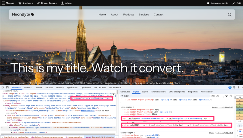 Screenshot of Neonbyte theme with devtools open. Annotations including the CSS variable attached to the HTML tag, and that variable being used within the header