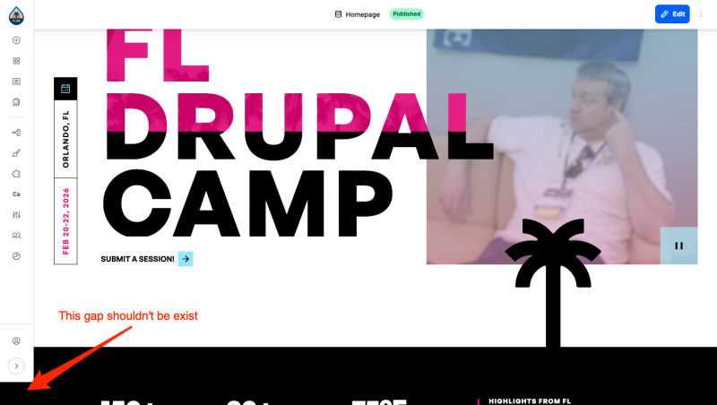 Screenshot of Florida DrupalCamp website showing Navigation toolbar on left. Arrow is pointing to a gap between the bottom of the toolbar, and the bottom of the page. Annotation reads, ‘This gap shouldn’t exist’