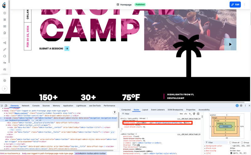 Screenshot of Florida DrupalCamp website showing Navigation toolbar on left. Dev tools is open. Line in CSS is highlighted that shows Drupal displace variable in use for block-size property.