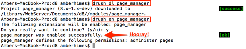 Drush successfully downloads and enables a Drupal 8 contributed module.