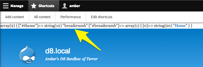 Output printed at the top of a Drupal 8 page of a Twig dump function showing typical var_dump.