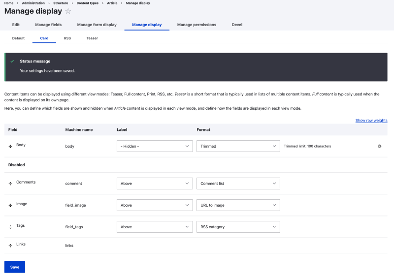 Manage display settings for Article showing Body field using Trimmed (100 characters) for the Card view mode.