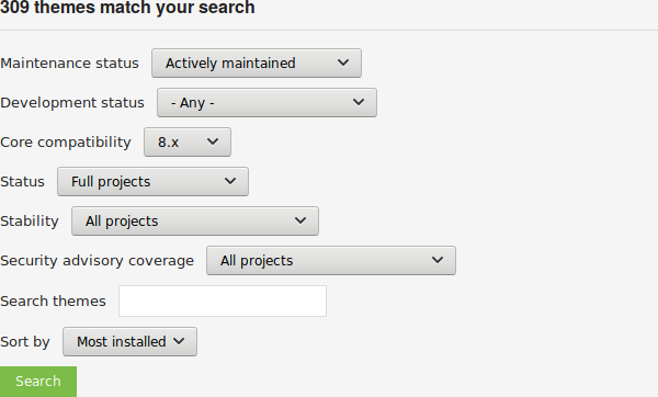 Filters on the theme search page on Drupal.org