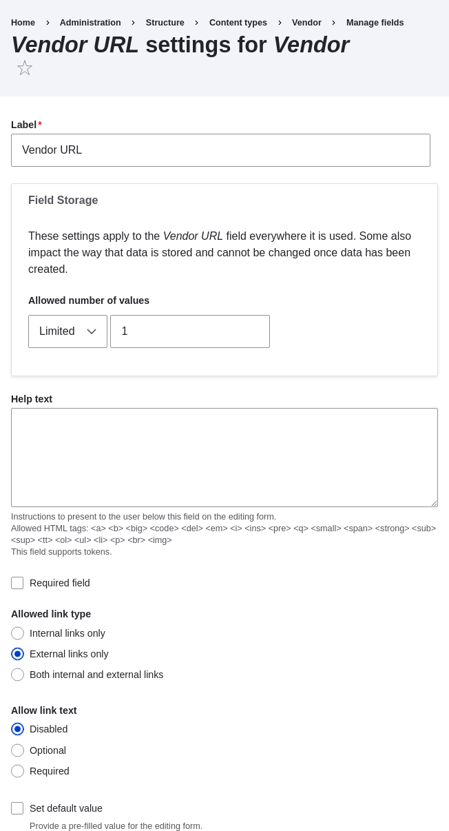 Field settings page for Vendor URL