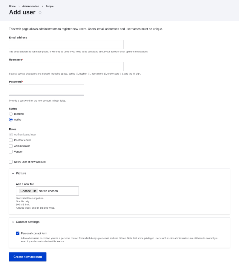 Form for creating a new user account
